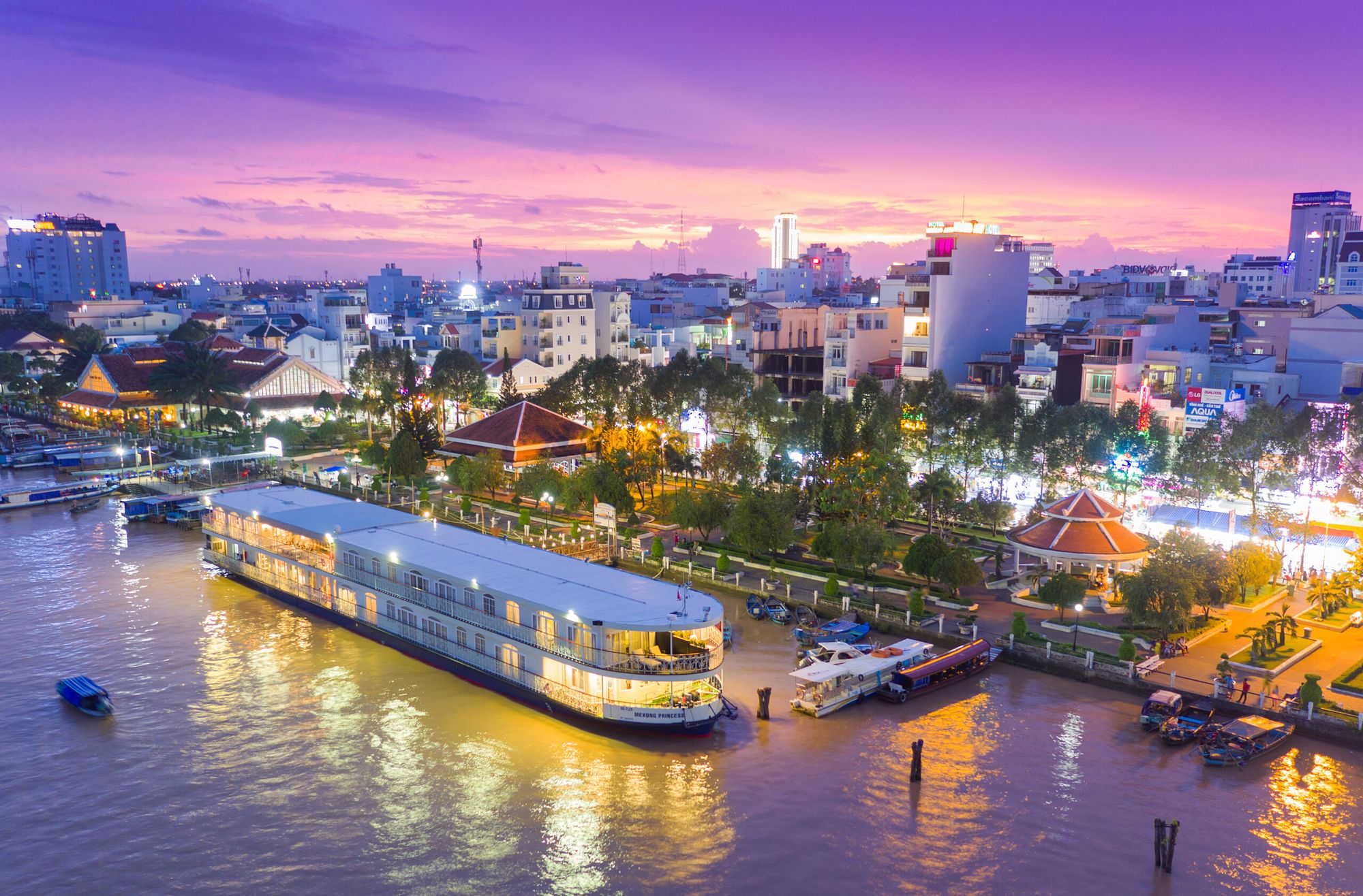 The Mekong Princess glowing at dusk